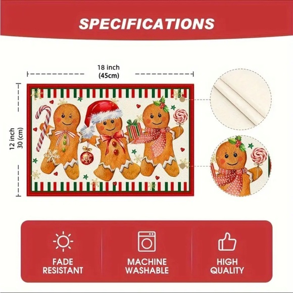 ❤️ 4pcs, Gingerbread Candy Cane Christmas Placemat Seasonal Placemats NWT - Picture 5 of 5